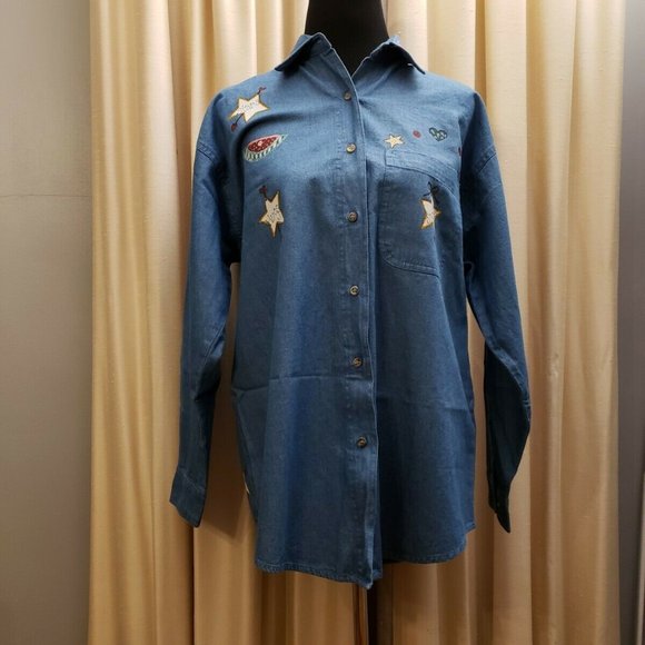 VTG. "Guardian Angel" Denim Oversized  Shirt S - Picture 1 of 12